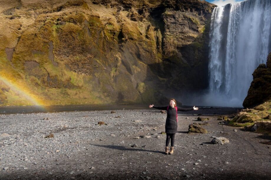 Lilja Tours client alone in Skógafoss when all crowds are gone
